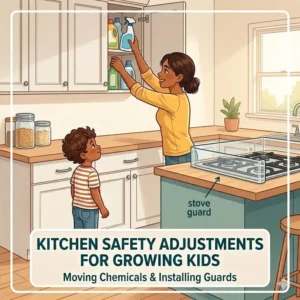 Preventing kitchen accidents by adjusting safety measures as child grows and starts reaching for countertops.