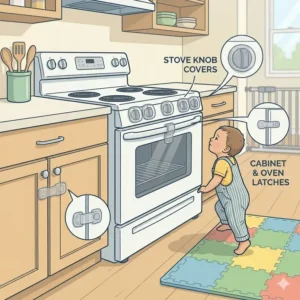 A kitchen setup featuring stove knob covers and childproof cabinet latches for toddler proofing for 1-2 year old climber.