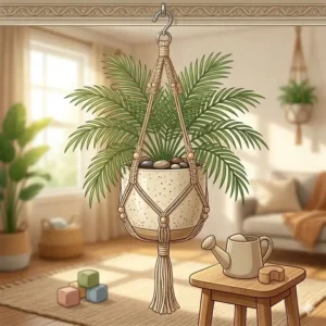 A small parlor palm tree in a child-friendly room, perfect for safe houseplants for homes with toddlers.