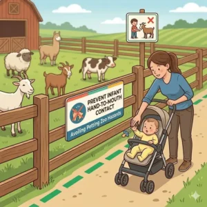 An illustration showing a parent preventing a baby from putting hands in mouth, crucial for avoiding petting zoo hazards for infants.