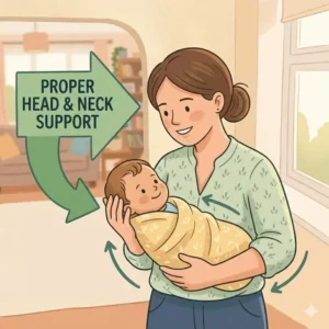 Showing the correct way to support a newborn's head as part of safety habits for visitors with baby.