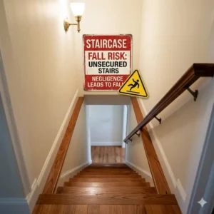 A steep staircase without a safety gate representing the fall consequences of ignoring baby proofing.
