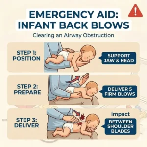 Step-by-step first aid demonstration of what to do if baby swallows small object and starts choking.