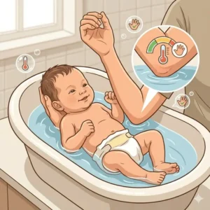 Testing bath water temperature with an elbow to follow safety tips for newborns under 3 months.