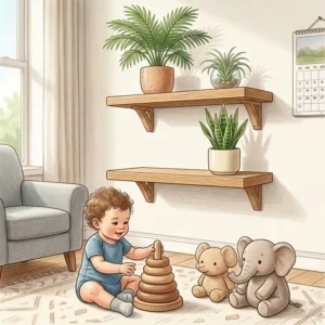 A diagram showing how to arrange safe houseplants for homes with toddlers on high floating shelves for safety