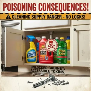 Toxic cleaning supplies in an unlocked cabinet showing the poisoning consequences of ignoring baby proofing.