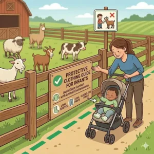 An infographic illustrating the ideal protective clothing for babies, helping in avoiding petting zoo hazards for infants.