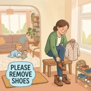 A visitor removing their shoes at the door to uphold hygiene and safety habits for visitors with baby.