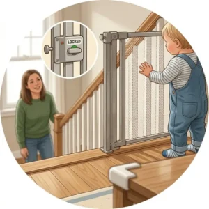 A secure safety gate installed at the bottom of the stairs provides essential protection and safety around 2 year old learning to walk.