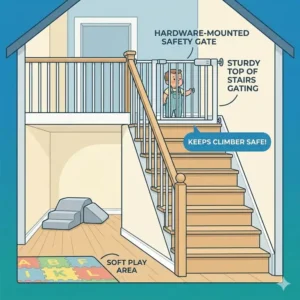 A sturdy hardware-mounted safety gate at the top of a staircase for toddler proofing for 1-2 year old climber.