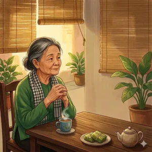 The cozy interior of a traditional Vietnamese house with sunlight filtering through bamboo blinds and green potted plants.