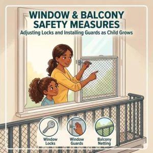 Adding window guards and balcony locks while adjusting safety measures as child grows taller.