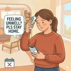 An illustration reminding guests to stay home if feeling unwell to ensure safety habits for visitors with baby.