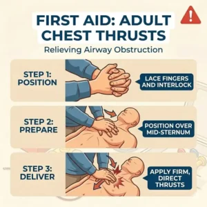 Medical illustration of infant chest thrusts as part of what to do if baby swallows small object.