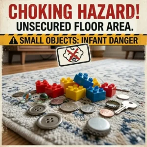 Small objects on the floor posing choking risks as the consequences of ignoring baby proofing.