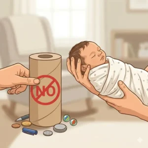 Identifying and removing small choking hazards to maintain safety tips for newborns under 3 months.