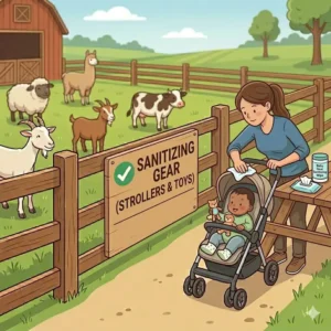 A step-by-step guide on how to sanitize strollers and toys, a necessary part of avoiding petting zoo hazards for infants.