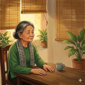 A close-up shot of an elderly woman's wrinkled hands resting on a rustic wooden table next to a cup of tea.