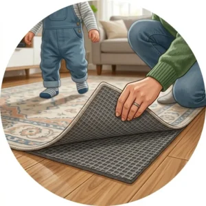 Installing a non-slip rug pad prevents a rug from sliding, ensuring safety around 2 year old learning to walk.