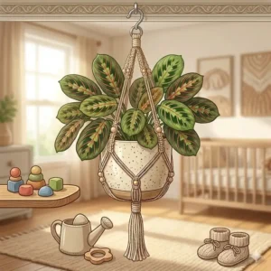A colorful prayer plant in a hanging macrame holder, showcasing safe houseplants for homes with toddlers.