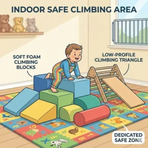 A designated safe climbing area with soft foam blocks and a low-profile climbing triangle for toddler proofing for 1-2 year old climber.