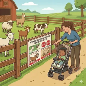 A visual guide on how to spot signs of animal stress or aggression, helping parents in avoiding petting zoo hazards for infants.