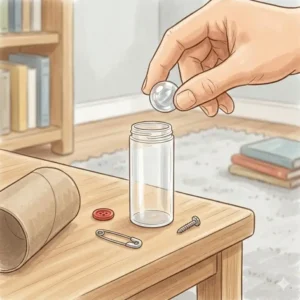 Small parts safety tester used when baby proofing for 6-12 month old crawler.