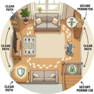 A tidy room with toys put away illustrates how a clear, safe environment enhances safety around 2 year old learning to walk.