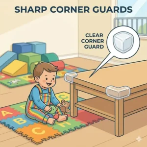 Clear corner protectors installed on a coffee table to prevent injuries for effective toddler proofing for 1-2 year old climber.