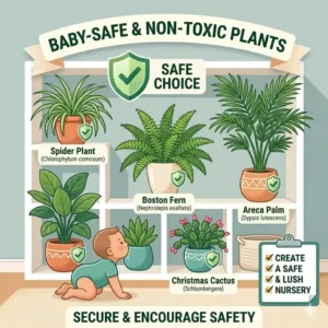 Replacing toxic greenery with safe alternatives when learning how to baby proof plants poisonous for a nursery.