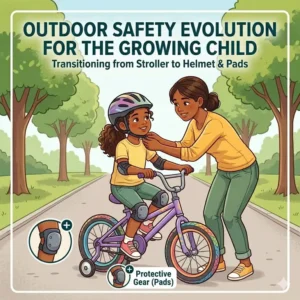 Switching to helmets and protective gear as part of adjusting safety measures as child grows for outdoor play.