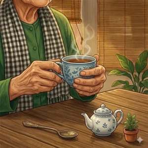 A steaming cup of tea and a plate of traditional Vietnamese green cakes (Bánh cốm) on a wooden table.