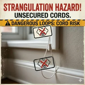 Dangling window blind cords illustrating the hidden strangulation consequences of ignoring baby proofing.