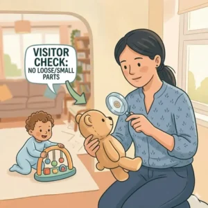 A guest inspecting a teddy bear for small parts, demonstrating safety habits for visitors with baby.