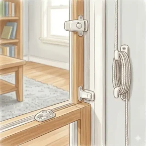 Window safety latches and cord wraps for baby proofing for 6-12 month old crawler.