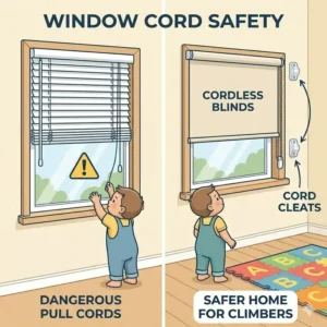 An illustration of cordless window blinds and cord cleats to remove strangulation hazards for toddler proofing for 1-2 year old climber.