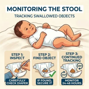 A list of emergency symptoms and instructions on what to do if baby swallows small object requiring a doctor.