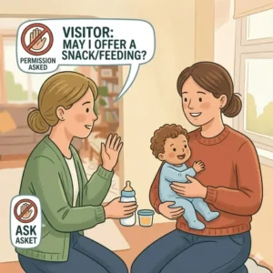 A visitor asking the mother for permission before feeding, reflecting respectful safety habits for visitors with baby.