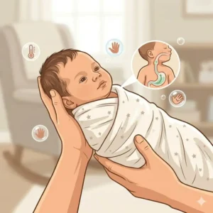 Upright feeding position to prevent reflux, following the safety tips for newborns under 3 months.