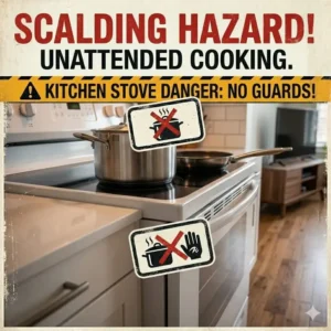 A pot handle over the stove edge demonstrating the scalding consequences of ignoring baby proofing.