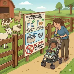 A clear sign prohibiting food and drink in animal areas, a simple rule for avoiding petting zoo hazards for infants.