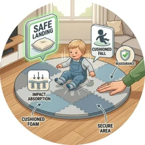 A toddler lands softly and smiles on a cushioned foam play mat, showcasing managed safety around 2 year old learning to walk.