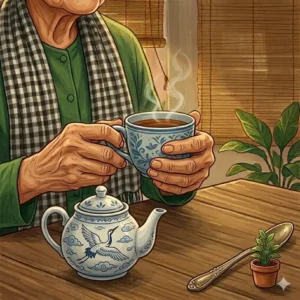 A traditional white ceramic teapot decorated with a blue crane pattern, placed next to a small tea cup and a decorative spoon.