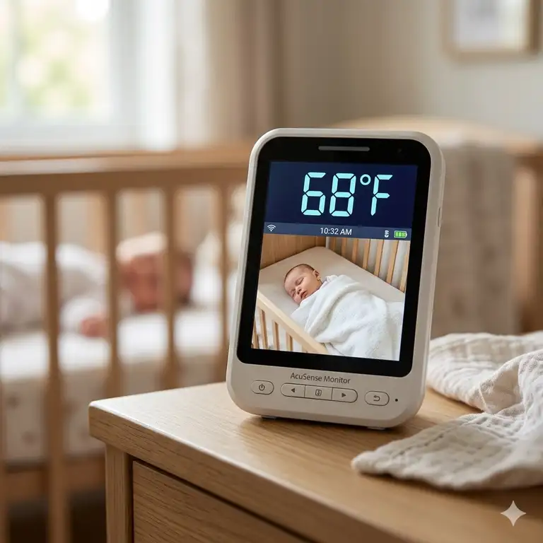 Featured Image: High-resolution display showing a baby monitor with temperature sensor accuracy while a newborn sleeps in a crib.