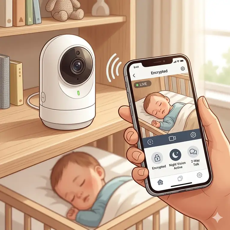 A parent using the best baby camera with phone app secure technology to monitor their sleeping infant in a modern nursery.