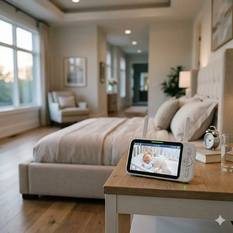 A parent unit showing a clear video feed on a nightstand, representing the best baby monitor for long range large house.