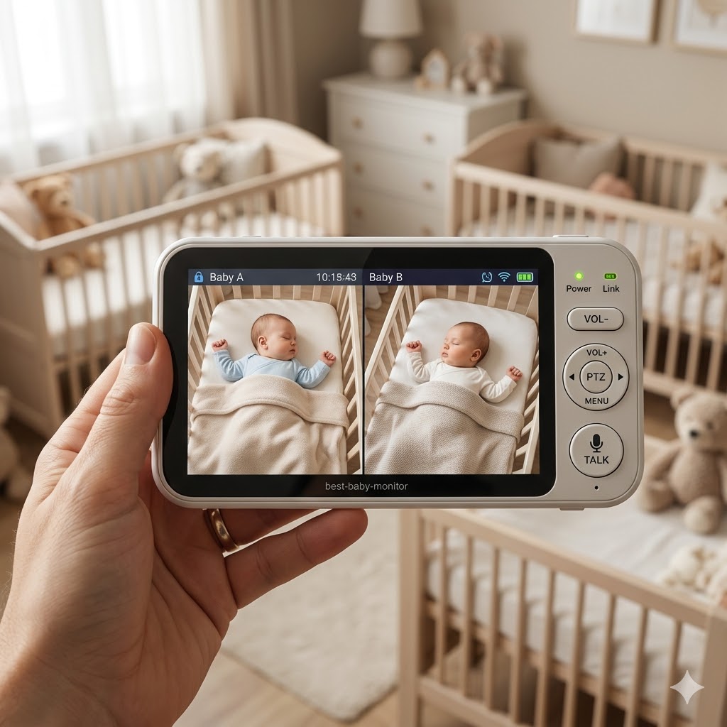 A parent unit displaying two separate sleeping infants, representing the best baby monitor for twins split screen.