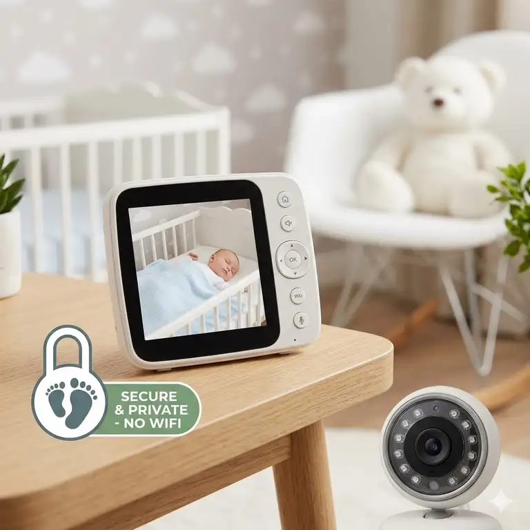 A high-quality handheld parent unit and camera showing the best baby monitor without wifi for safety in a nursery.