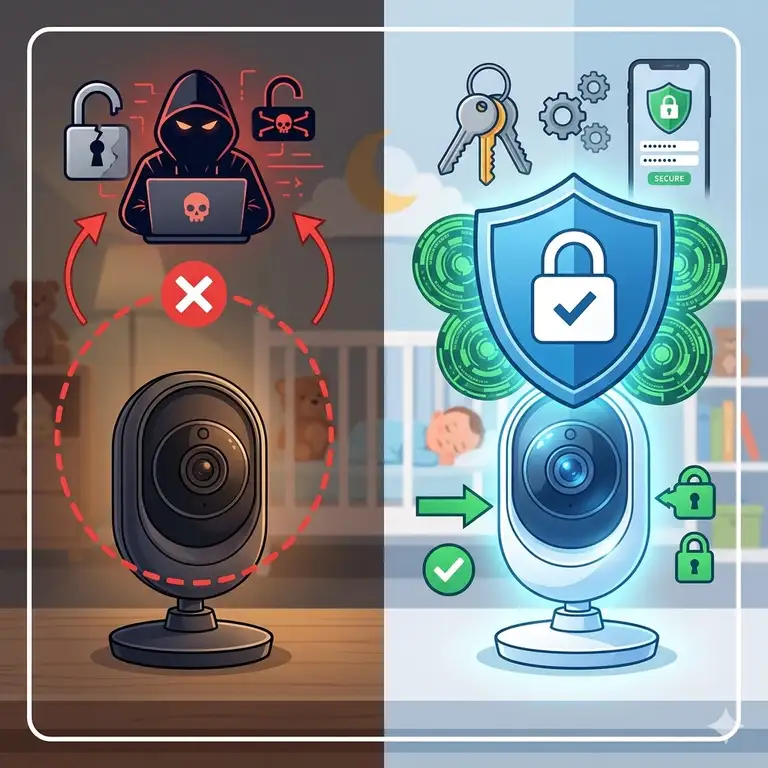 A comprehensive guide visual about baby monitor security risks and how to avoid them using a secure shield and locked icons.