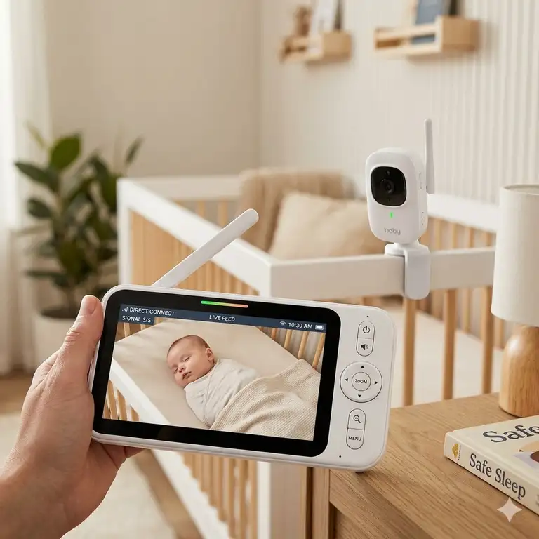 A high-quality baby monitor that works without internet displaying a clear video of a sleeping newborn on the parent unit.